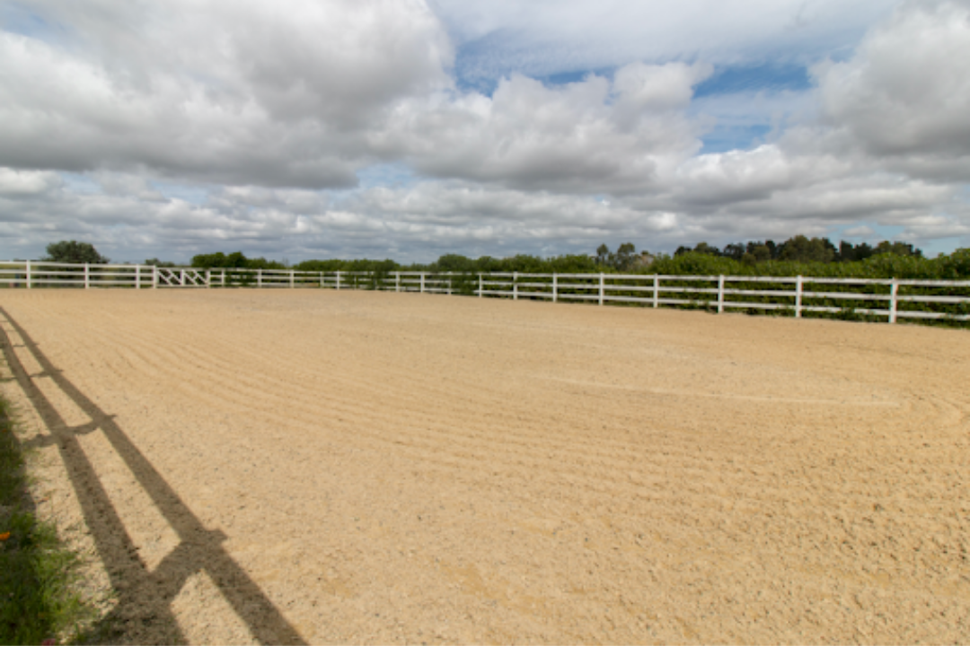 Equestrian arena with white fence